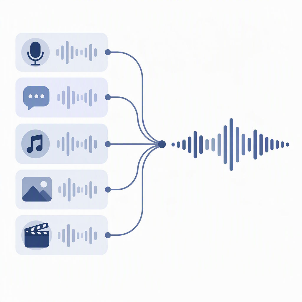 Five inputs combine into one audio waveform, illustrating the prompt formula