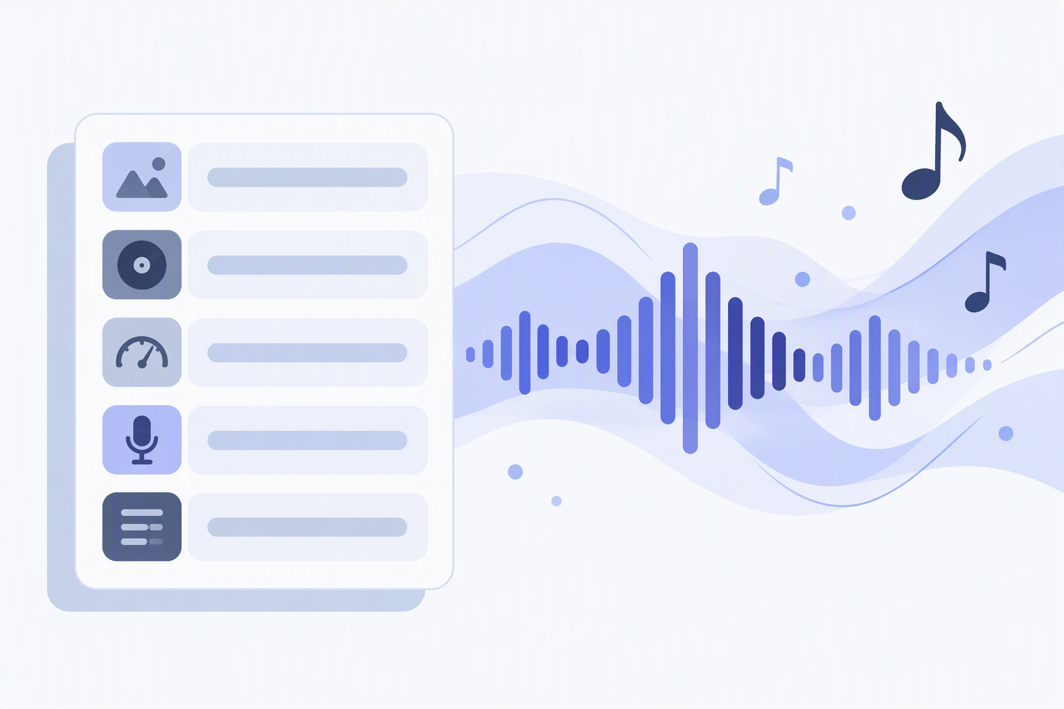 A prompt card with five slots feeding into audio waveforms