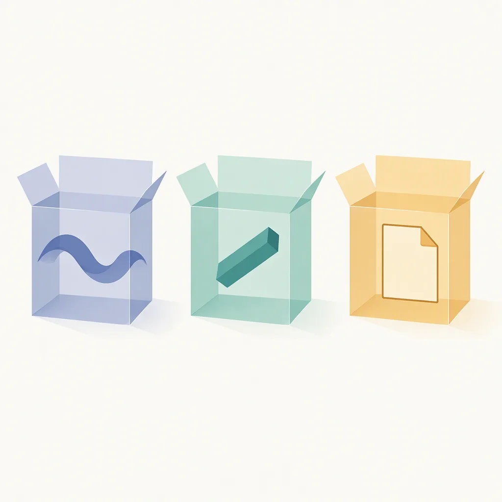 Three translucent open boxes in a row with a wave, a bar and a document inside, abstract, no text