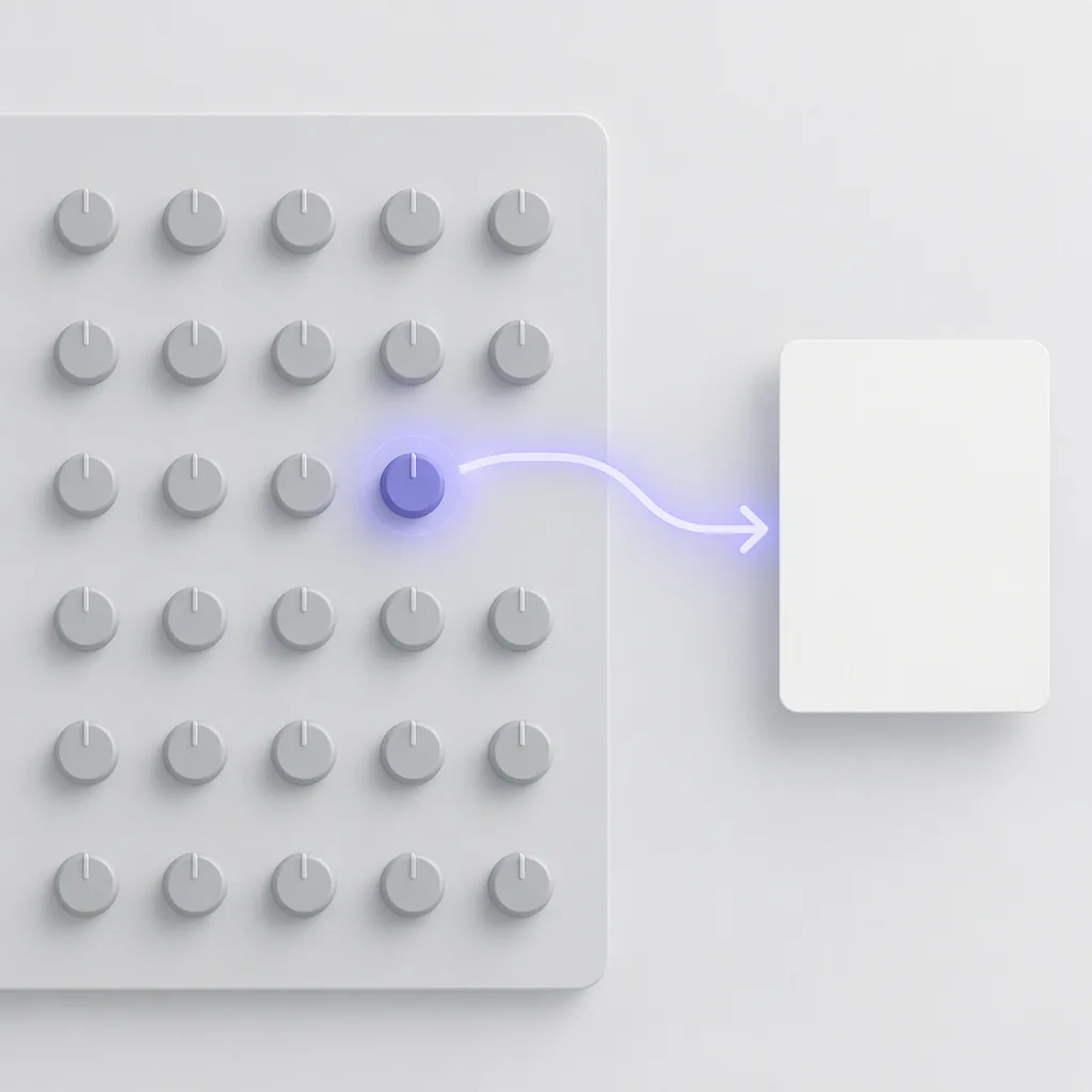 A plain panel of identical faded knobs with one highlighted knob sending an arrow to a blank card, abstract, no text