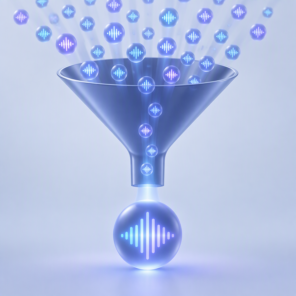 A funnel narrowing many small waveform tokens down to one large kept token