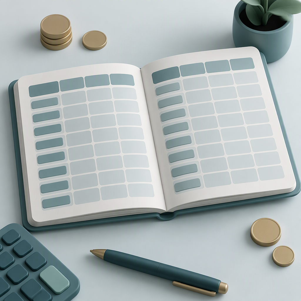 An open ledger grid with rounded cells and a few coin-like discs, illustrating tracked spend