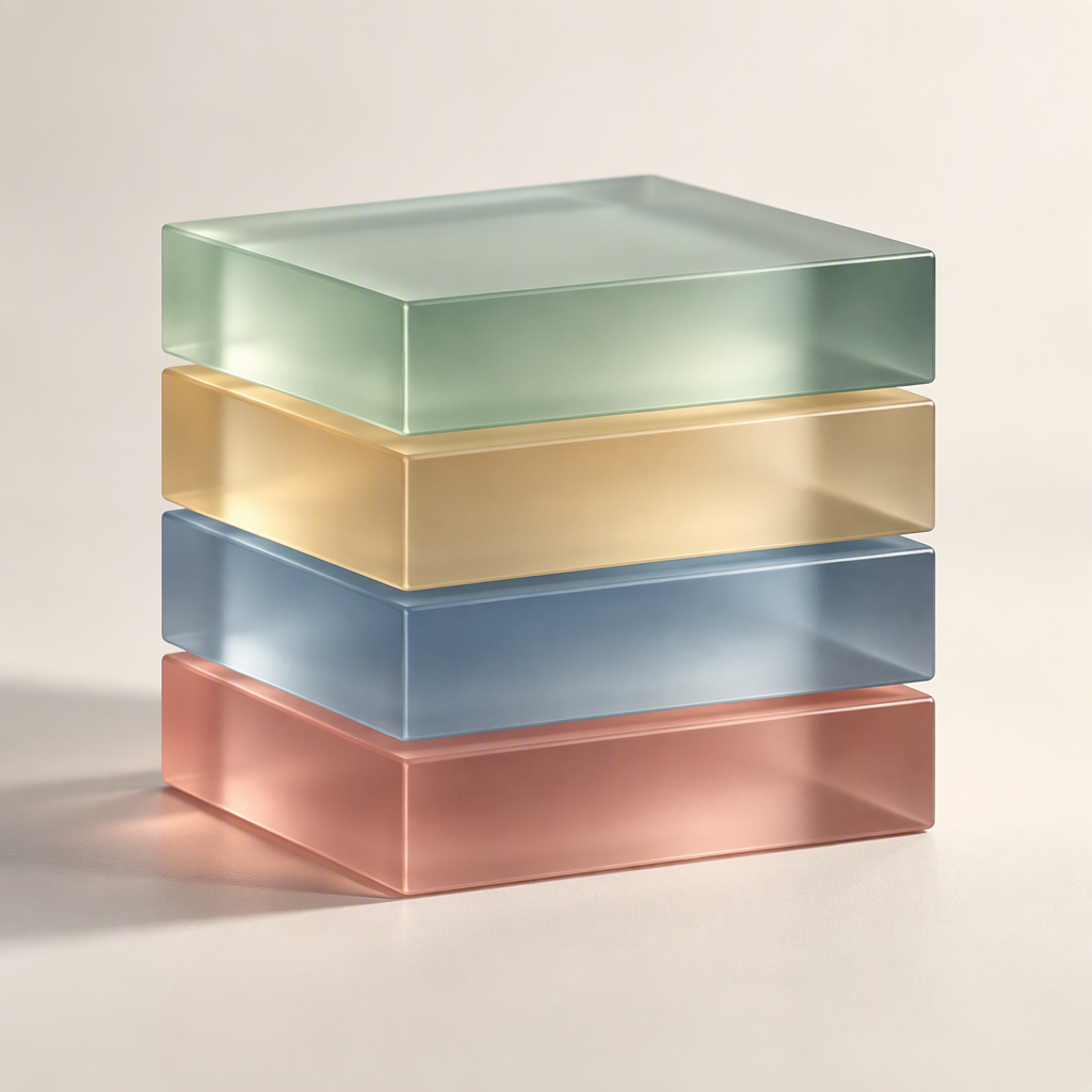Four translucent slabs stacked into a small tower, illustrating layered cost