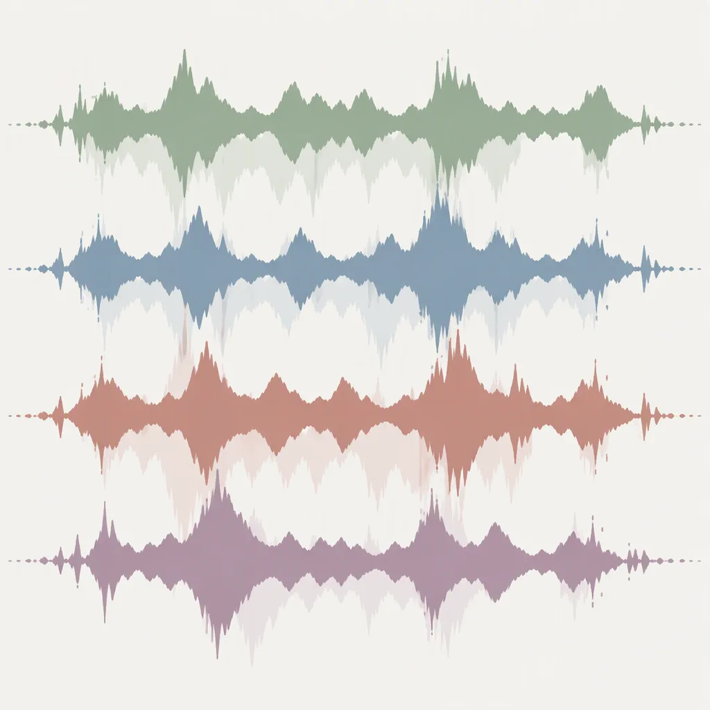 Four stacked audio layers with faint fragments bleeding between them