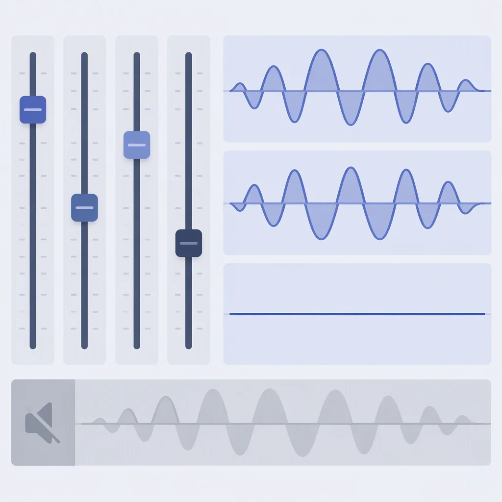 Faders beside two overlapping waveforms cancelling into a thin line