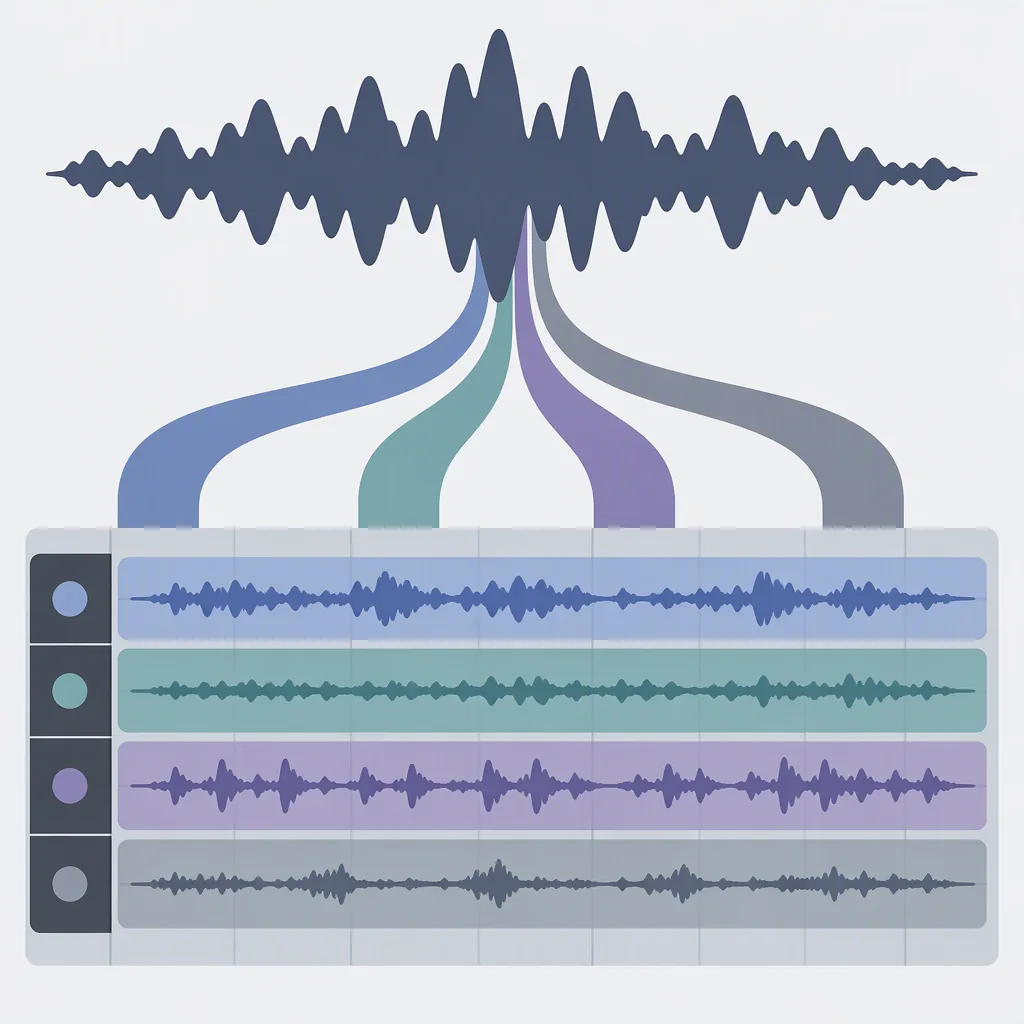 One waveform splitting into four colored layers that become four parallel tracks