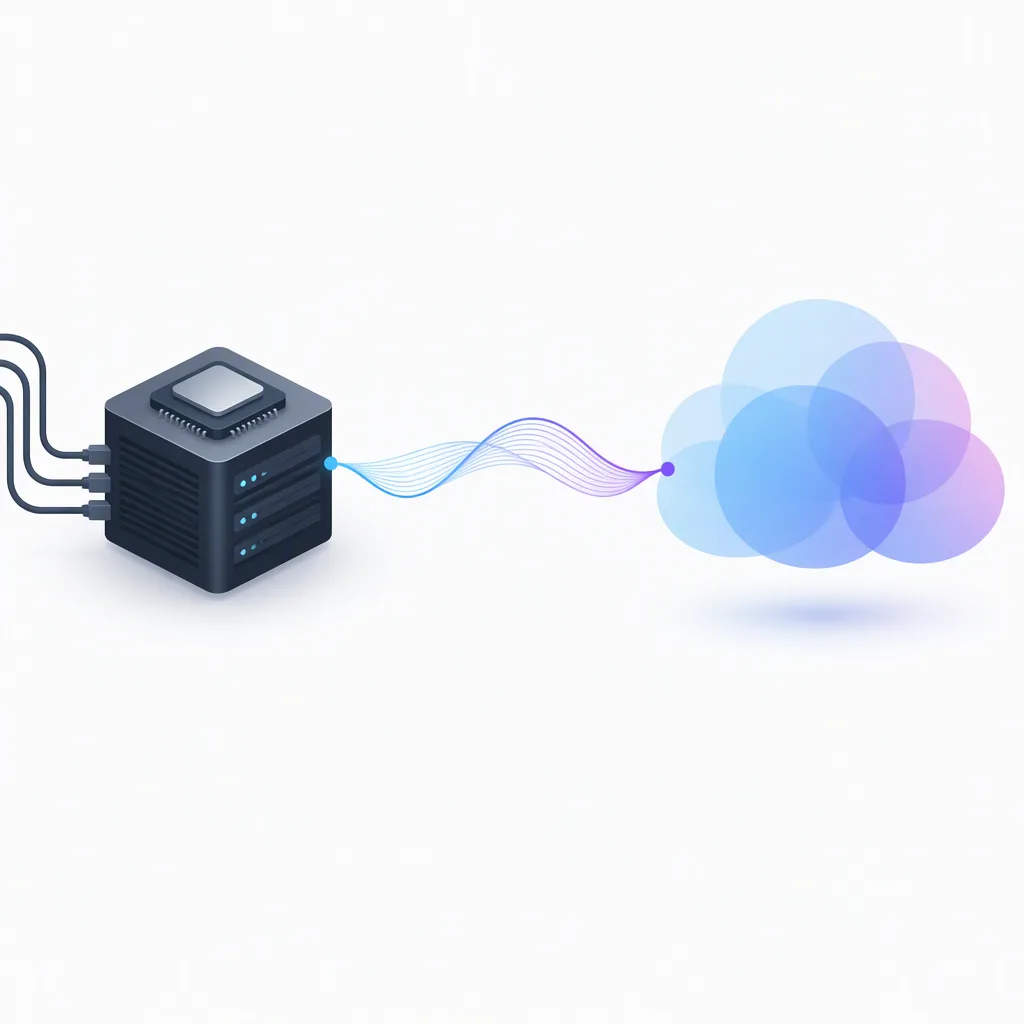 Abstract illustration contrasting a compact local processor block with a soft floating cloud, joined by a waveform line, no text
