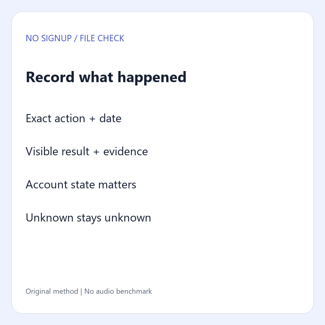 Keep the exact action, visible result and untested stages in an evidence record
