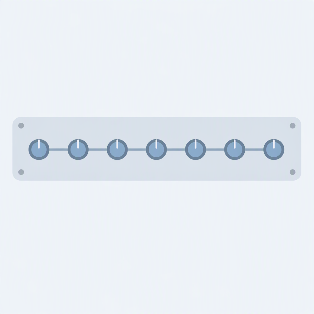 Seven identical slider knobs locked at the same position on a control panel