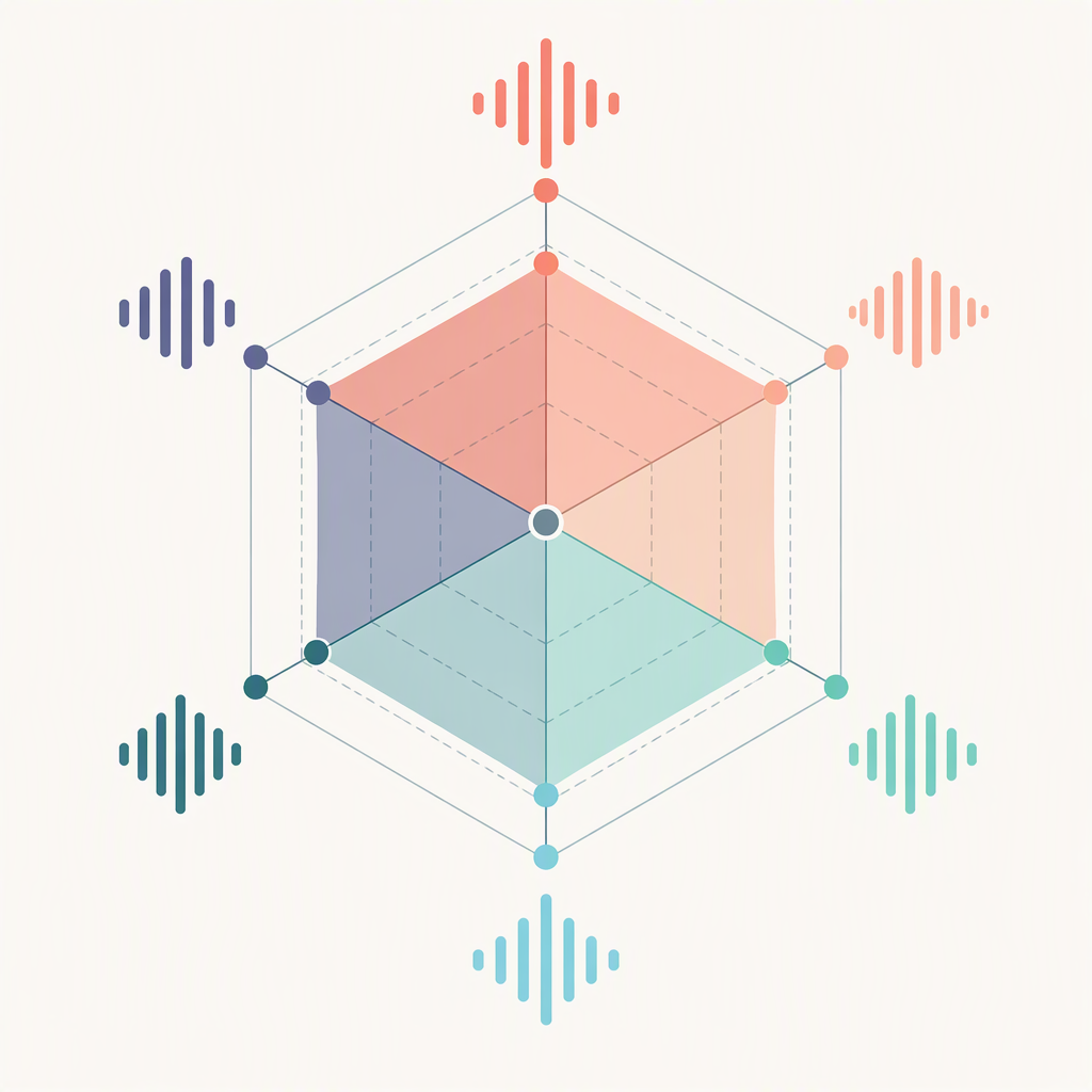 Abstract six-axis radar shape with small sound wave icons near each axis point
