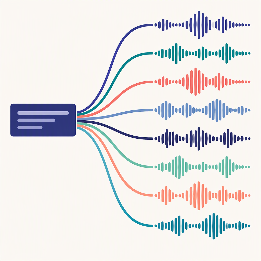 One prompt card fanning out into eight different audio waveform ribbons