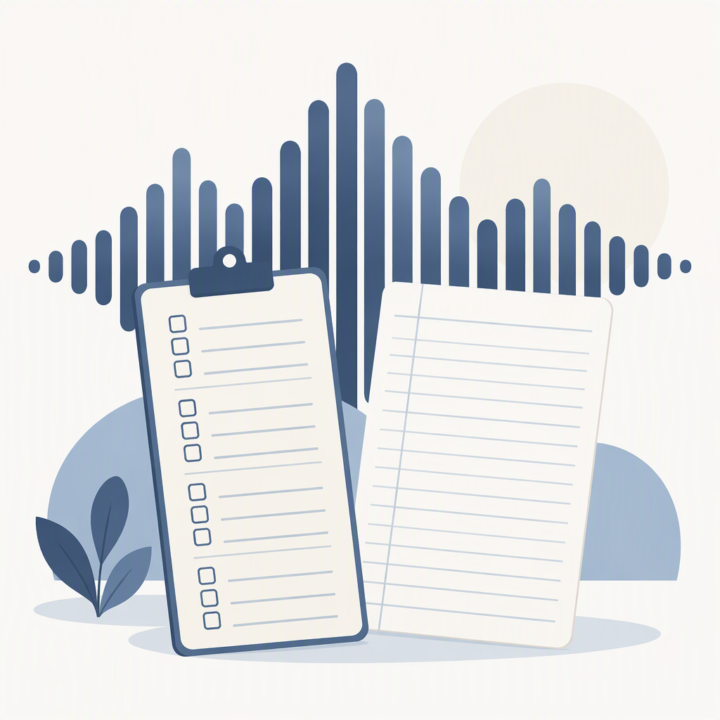 A filled checklist card and a ledger sheet beside an exported audio file