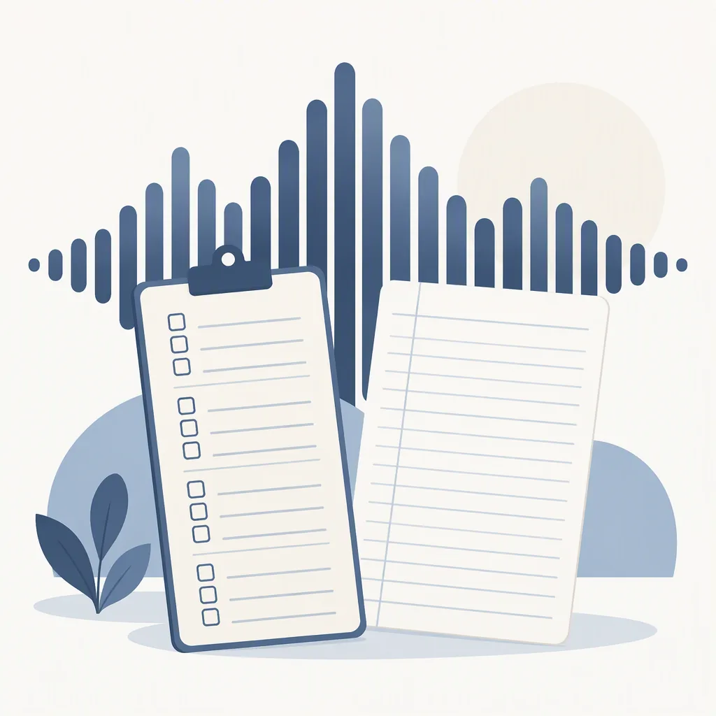 A filled checklist card and a rights ledger sheet beside an exported audio file