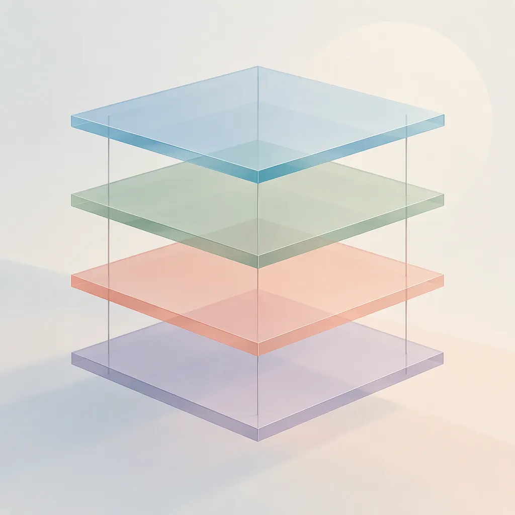Four stacked translucent layers forming a tower, each layer a different soft colour, abstract, no text