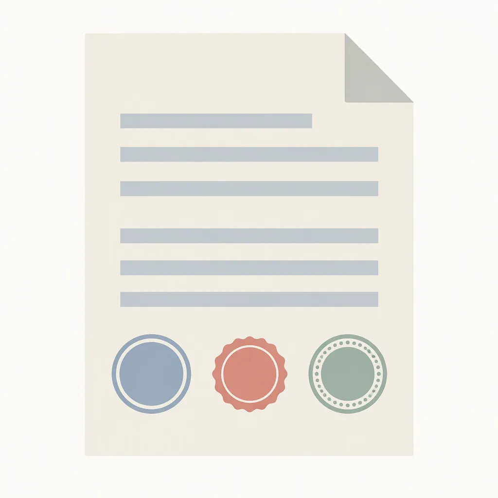 An abstract flat sheet with three circular seal marks and a folded corner, minimal geometric illustration, no text
