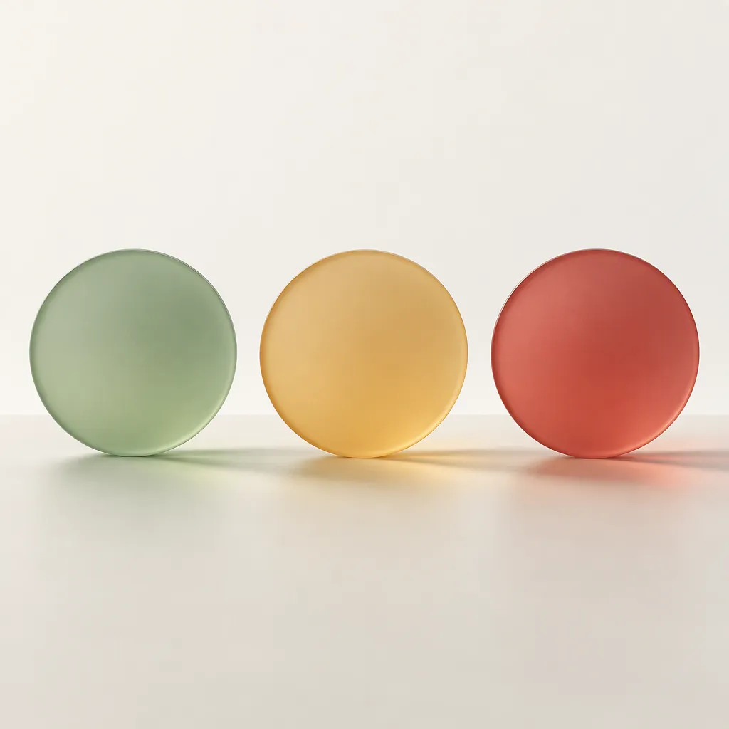 Three soft glass discs in a row in muted green, amber and red, abstract, no text