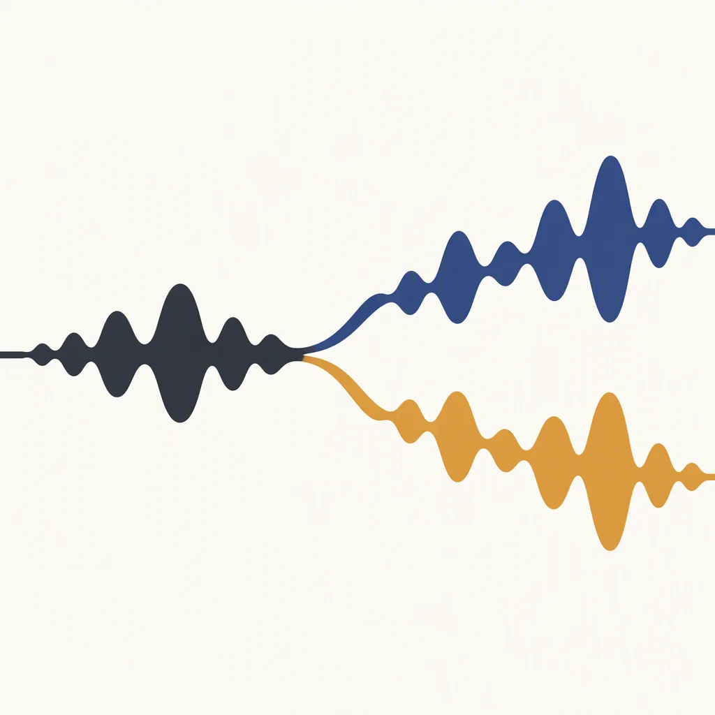 Two audio strands splitting apart from a single shared line, abstract, no text
