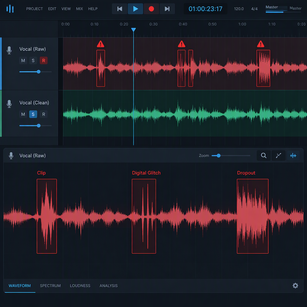 A waveform display showing a synthetic vocal track with annotation markers for common artifacts
